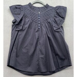 Melissa Nepton Blouse Womens Navy Blue Pleated Bib Ruffle Sleeve Top Medium